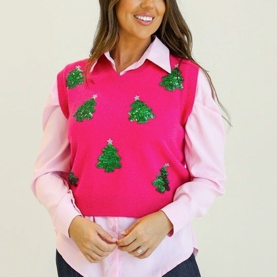 Hot Pink Sequin Christmas Tree Sweater Vest THREADS 479